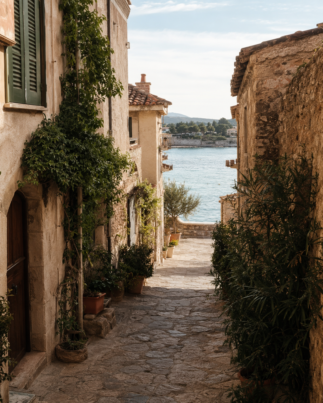 A historic Mediterranean stone lane opening toward a sunlit waterfront
