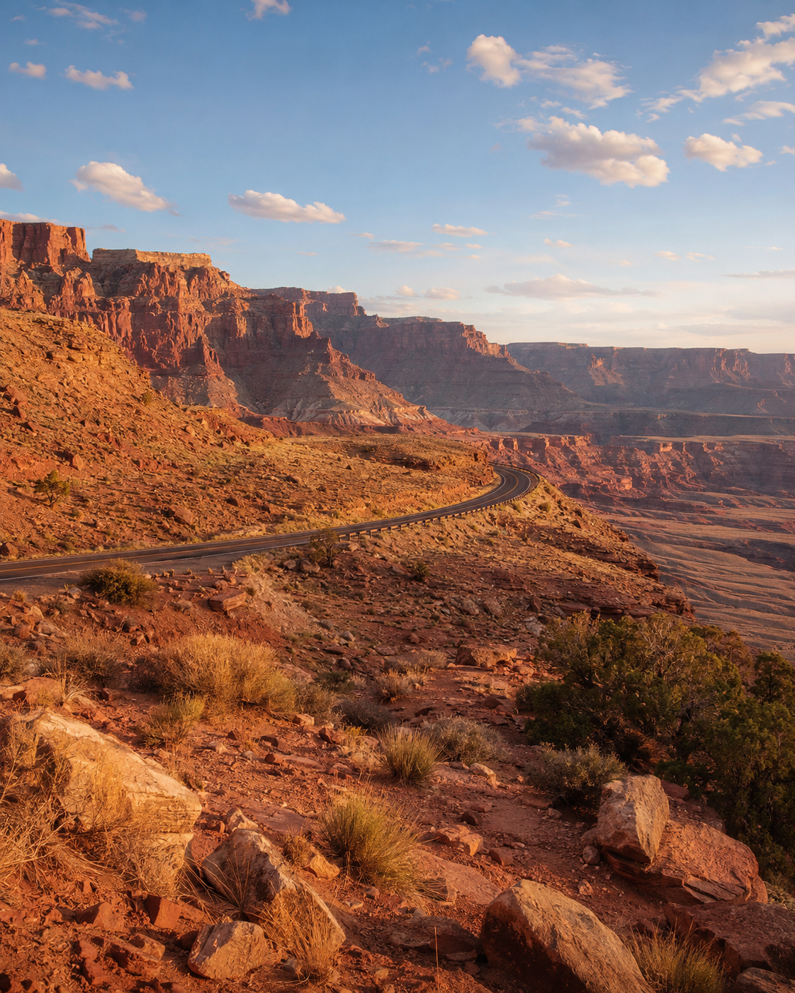 A winding road through the warm red-rock landscape of the American Southwest