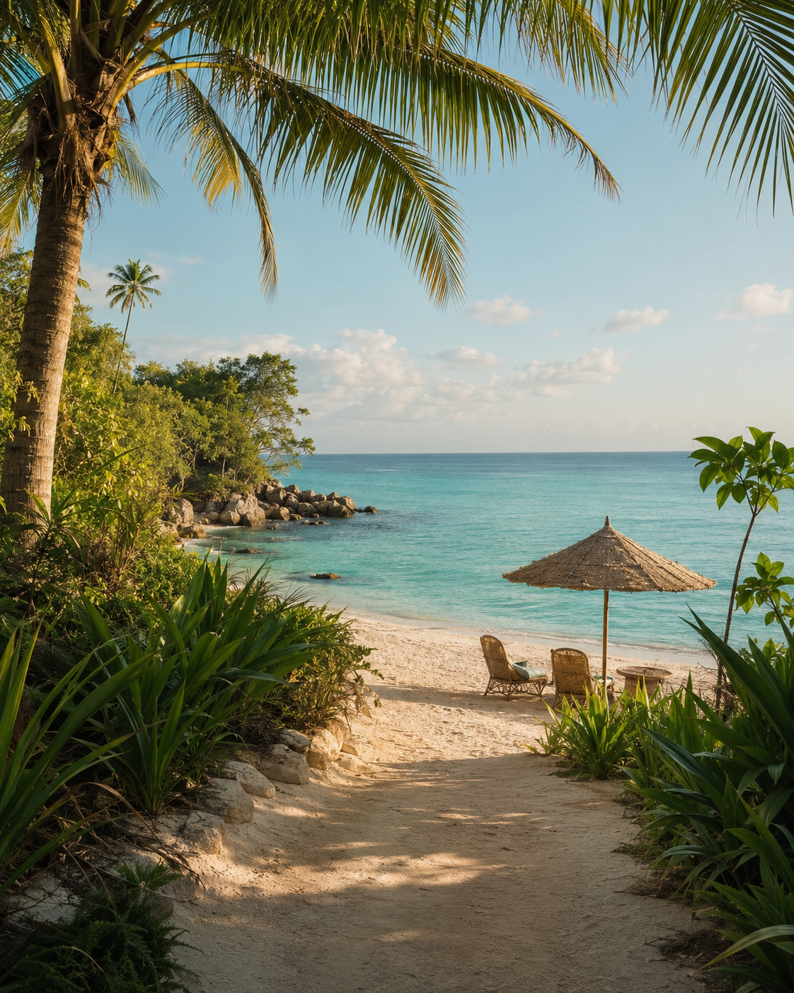 A shaded tropical path opening onto a calm turquoise beach